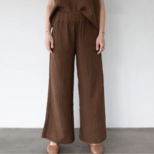 Honest Cotton Wide-Leg Crinkle Cotton Pants Chocolate Brown Natural Relaxed